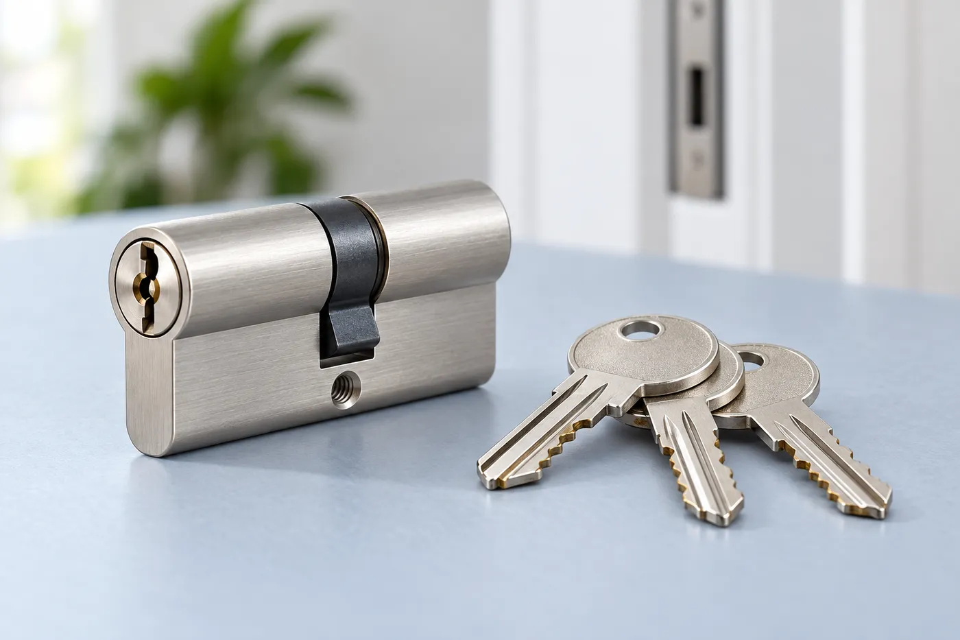 Cylindre de porte neuf en acier brossé et ses trois clés