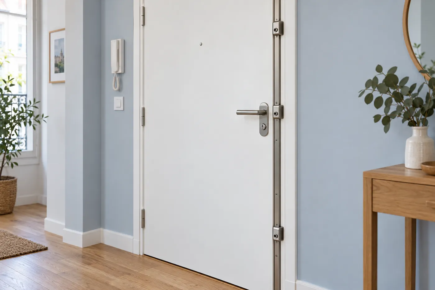 Face intérieure d'une porte palière équipée d'une serrure multipoints trois points