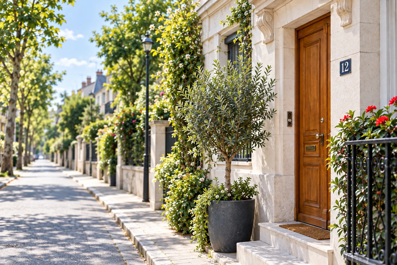 Porte d'entrée en chêne d'une maison en pierre claire, avec plantes et numéro, dans une rue résidentielle de Massy